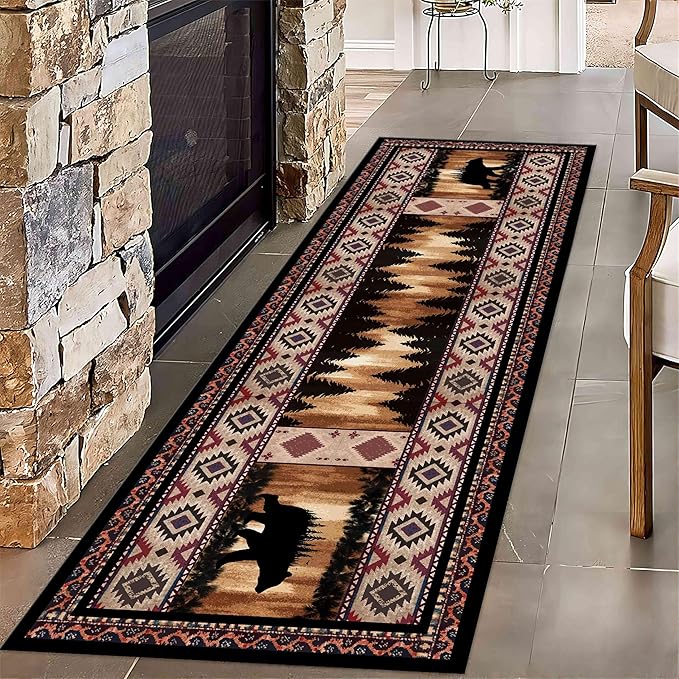Rustic Cabin Bear Runner Rug, 2.6x10ft, Native American Long Runner Rug, Wildlife Black Bear Forest Hallway Rug, Vintage Brown Non-Slip Washable Southwestern Style Rug for Entry Kitchen