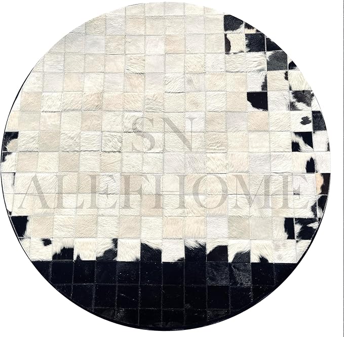 Round Geometric Patchwork Cowhide Leather Area Rug – Washable Non-Slip Modern Carpet for Living Room, Bedroom, Office & Home Décor, Faux Cowhide Accent Rug (Black & White, 5×5ft)