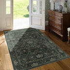 3x5 Floral Washable Area Rug for Living Room, Vintage Boho Rug for Bedroom Dining Room， Distressed Botanical Birds Non Slip Low Pile Forest Animal Throw Carpet for Farmhouse Office, Dark Green
