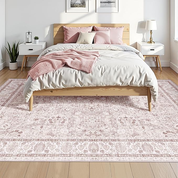 Light Pink Nursery Rug Large Area Rugs for Living Room Vintage Rug Boho Floral Washable Area Rugs 9x12 Indoor Carpet for Bedroom Dining Room Kids Room