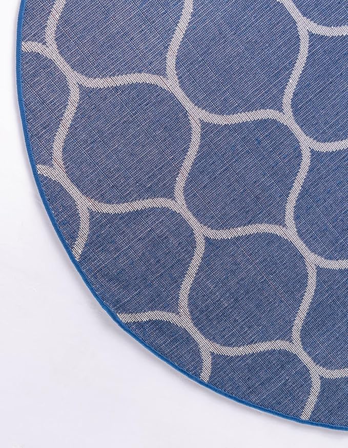 Rugs.com Lattice Frieze Collection Rug – 8' Round Navy Blue Medium Rug Perfect for Kitchens, Dining Rooms