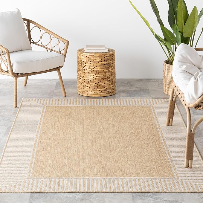 Nuloom Asha Tan/Ivory, 9'6" x 12', Casual, Striped Border, Soft and Cozy, High Traffic, Stain Resistant, Easy Clean, Durable Area Rug for Indoor/Outdoor Patio, Deck, Porch, Garden, Courtyard