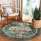 Round Rug 4ft for Bedroom, Green Washable Circle Rug Non-Slip Boho Area Rug 4' Round Carpet for Dining Room Kitchen Dorm Bathroom Low Pile Soft