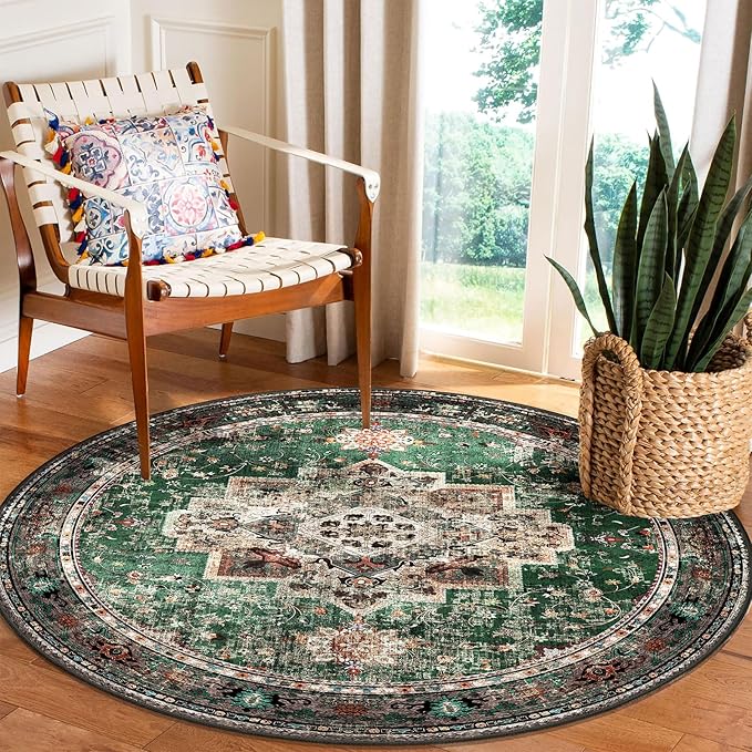 Round Rug 4ft for Bedroom, Green Washable Circle Rug Non-Slip Boho Area Rug 4' Round Carpet for Dining Room Kitchen Dorm Bathroom Low Pile Soft