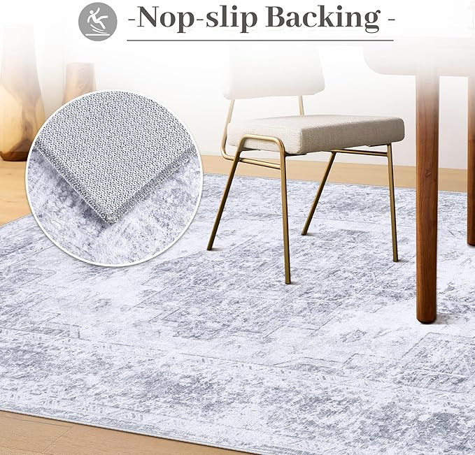 Area Rug 10x12 Living Room Rugs, Machine Washable Vintage Distressed Medallion Rug Non-Slip Soft Low Pile Large Indoor Rugs for Bedroom Kitchen Dining Room Office(Light Grey,10'x12')
