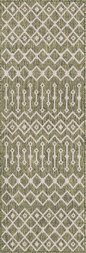 Unique Loom Outdoor Trellis Collection Area Rug - Tribal Trellis (2' x 8' Runner, Green/ Natural)