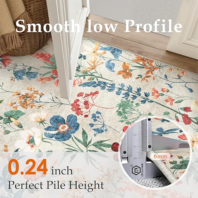 Floral Runner Rug 3x12 Washable Hallway Long Beige Bedroom Carpet Non Slip Indoor Boho Kitchen Low Pile Accent Rug Lightweight Soft for Bathroom Dining Laundry Living Room