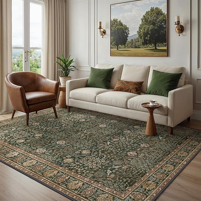 Bavni Area Rugs 6x9- Washable Rug Lightweight Non-Slip, Ultra Thin Low Pile Living Room Rug, Modern Printed Vintage Rugs for Dinning Room Office, Dark Green/Multi
