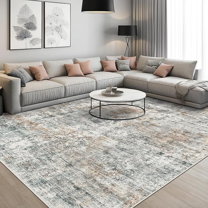 Abstract Rug 8x10 Large Living Room Rugs Neutral Modern Washable Area Rugs for Bedroom Dining Room Non-Slip Stain Resistant Foldable Thin Rug Orange Grey