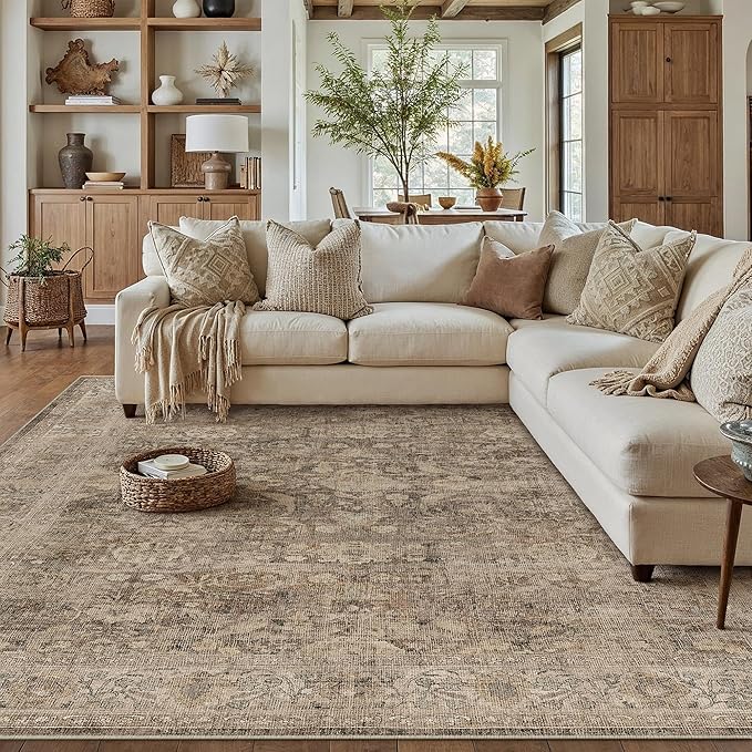 6x9 Rust Brown Washable Area Rug for Living Room Bedroom Neutral Soft Non Slip Rug Low Pile Vintage Distressed Carpet for Dining Room Nursery Office