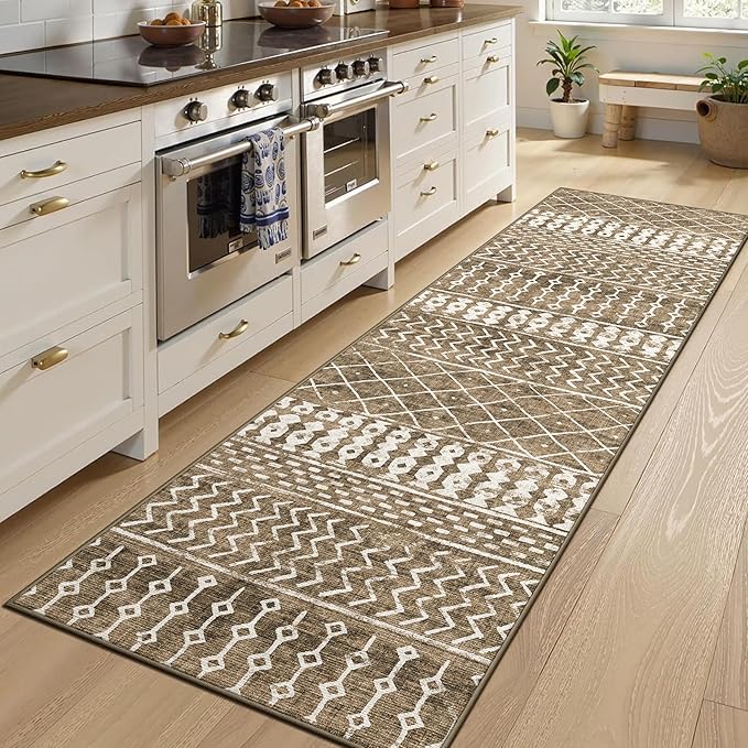 2x8 Machine Washable Runner Rug, Kitchen Hallway Area Rug, Brown Vintage Moroccan Rug Ultra Non-Slip Low Pile Soft Faux Wool Carpet, Kids and Pets Friendly for Bedroom Entryway Bedside Decor Rug