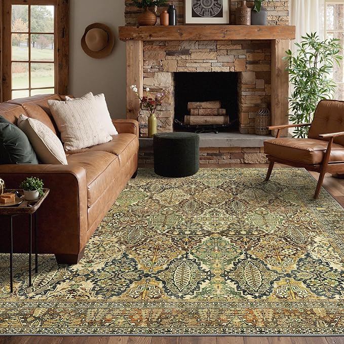 GENIMO 6x9 Area Rugs for Living Room, Machine Washable Low Pile Rugs, Chenille Non Alip Vintage Rug for Bedroom, Dining Room, Home Office, Bronze Olive