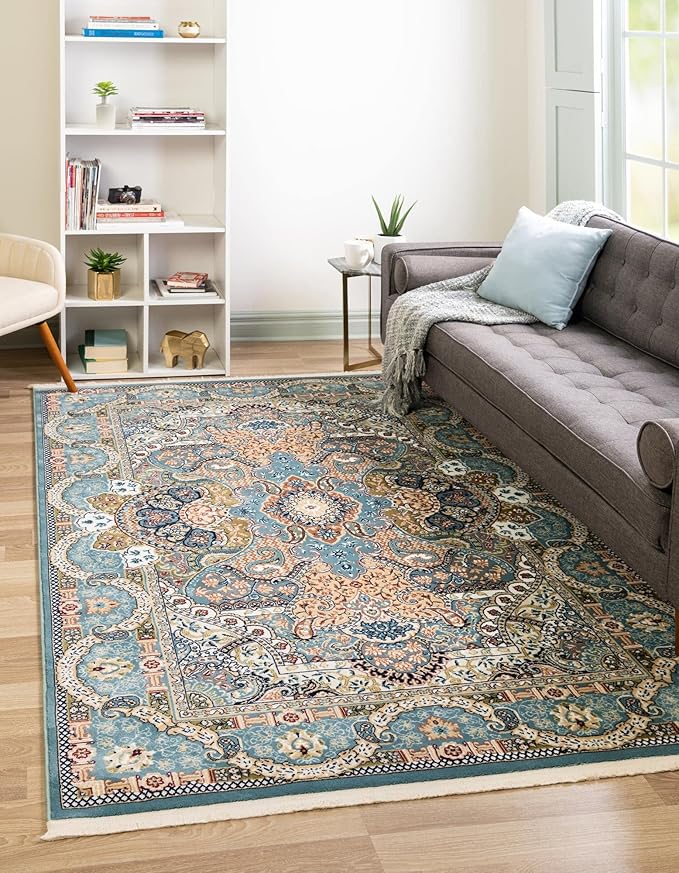 Unique Loom Narenj Collection Classic Traditional Medallion Textured Design Area Rug, 8 x 10 ft, Blue/Tan
