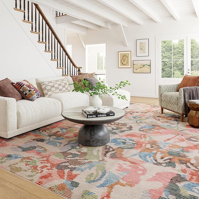 Dash & Albert Bloom Multi Machine Washable Rug, 7.5 X 9.5 Feet, Blue/Ivory Floral Pattern