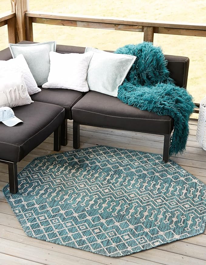 Unique Loom Outdoor Trellis Collection Area Rug - Tribal Trellis (5' 3" Octagon, Teal/ Ivory)