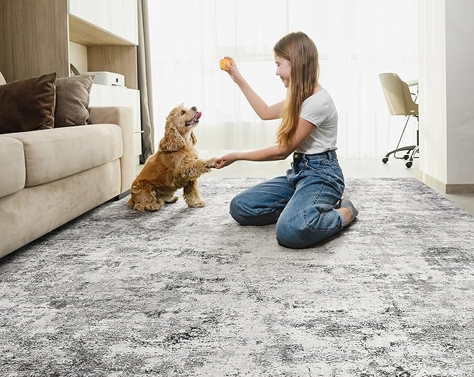 7x9 Area Rug Living Room Rugs - Washable Neutral Modern Abstract Soft Thin Large Rug Indoor Floor No Slip Rug Carpet for Bedroom Under Dining Table Home Office Decor - Grey