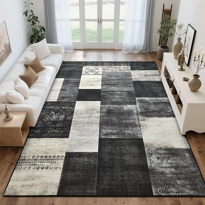 Tepook Modern Area Rug for Living Room, 4x6 Geometric Large Rugs for Bedroom, Washable Patchwork Rug Indoor Non-Slip Throw Carpets for Dining Room Office Farmhouse Home Decor, Black and White