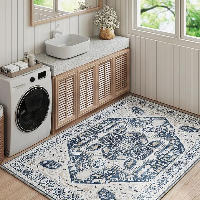 EnHomee 4x6 Area Rugs for Living Room, Boho Area Rug, Machine Soft Washable Rug for Bedroom, Living Room Rug, Non-Slip, Low-Pile, Dining Room Indoor Home Decor, Colorful Print, Blue and White