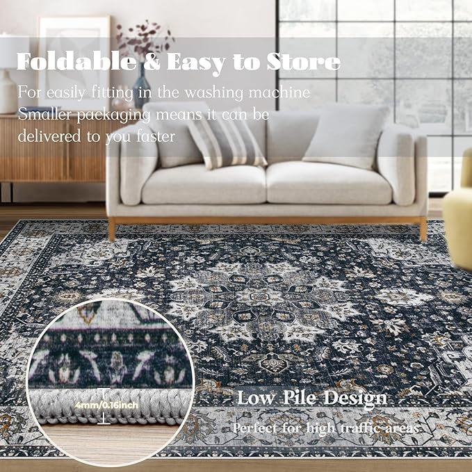 Area Rug 9x12 Washable Rug, Vintage Boho Medallion Rugs Non-Slip Soft Low Pile Large Distressed Rug Indoor Retro Carpet for Living Room Bedroom Dining Room Home Office (Vintage Black, 9'x12')