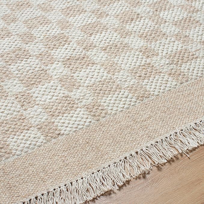 Mark&Day Wool Rugs, 4x6 Clinten Solid and Border Tan Checkered Rug, Tan Ivory Carpet for Living Room, Bedroom or Kitchen (3'6" x 5'6")