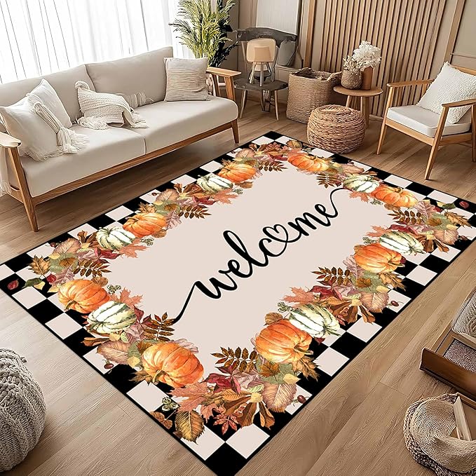 Checkered Area Rugs, 4x6ft, Black and White Check with Fall Leaves Pumpkin Autumn Harvest Carpet, Entrance Rubber Non Slip Breathable Fall Rug for Dining Room Laundry