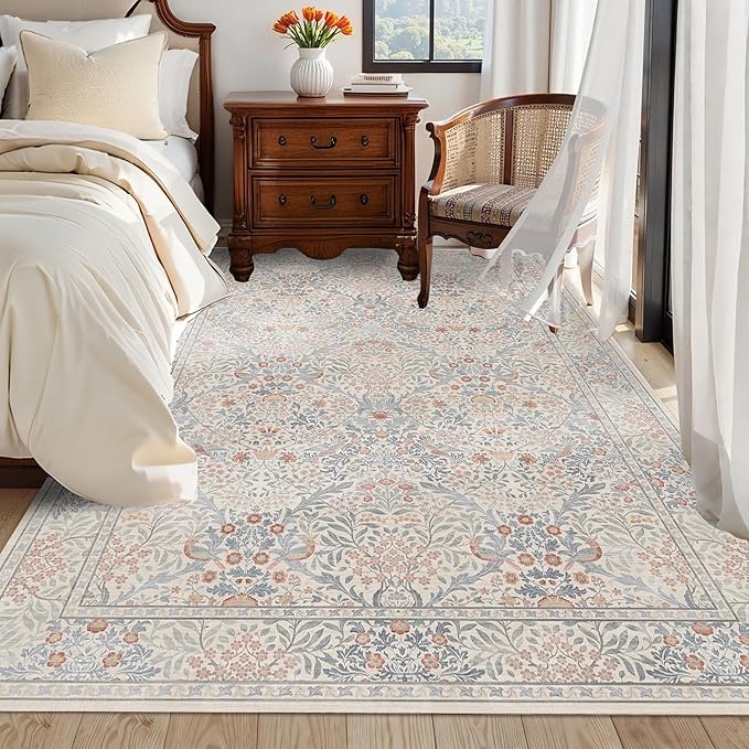 5x7 Floral Washable Area Rugs for Living Room, Vintage Boho Large Rug for Bedroom Dining Room, Distressed Botanical Birds Non Slip Low Pile Forest Animal Throw Carpet for Farmhouse Office, Beige Blue