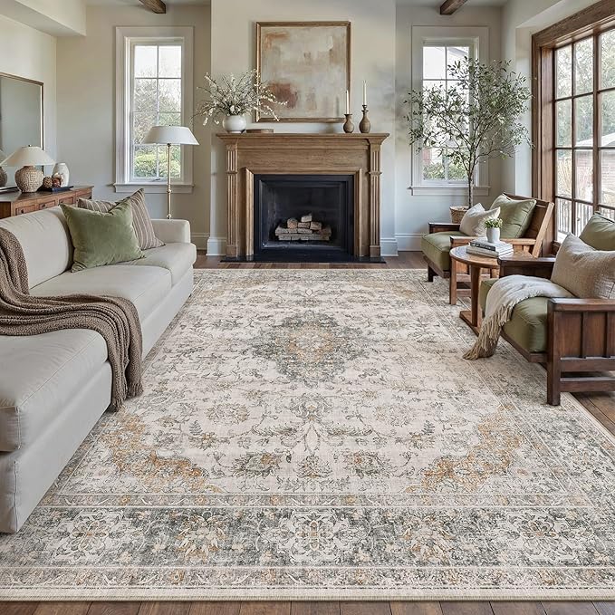 HUGEAR Retro Taupe Green Area Rug 8x10 Machine Washable Living Room Rugs Distressed Vintage Floral Low Pile Carpet Bedroom Office Dining Room Laundry Room Non Slip Soft Lightweight