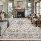 HUGEAR Retro Taupe Green Area Rug 8x10 Machine Washable Living Room Rugs Distressed Vintage Floral Low Pile Carpet Bedroom Office Dining Room Laundry Room Non Slip Soft Lightweight