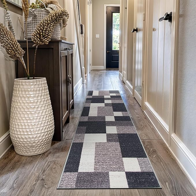 Rugshop Modern Boxes Design Non-Slip (Non-Skid) for Hallway,Entryway,Kitchen Runner Rug 2'7" x 10' Gray