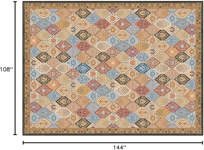 Phantoscope Washable Area Rug 9'x12' Non-Slip, Vintage Boho Rugs for Living Room, Bedroom, Dining Room, Distressed Moroccan Mosaic Diamond Pattern, Low-Pile Foldable Floor Carpet, Terracotta/Rust