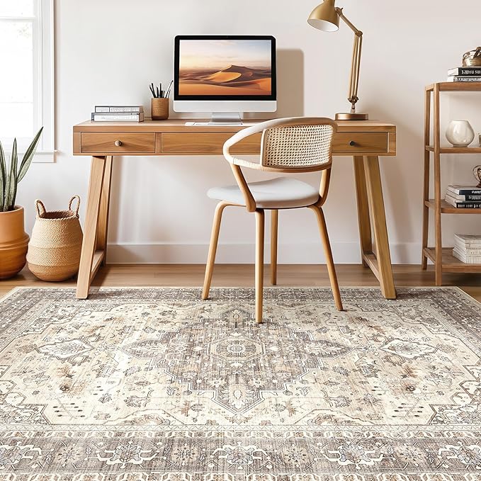 6x8 Area Rug Living Room: Washable Boho Large Neutral Vintage Soft Rugs Stain Resistant Farmhouse Non-Slip Indoor Floor Carpet for Bedroom Nursery Kids Playroom Office Dining Room- Beige Brown