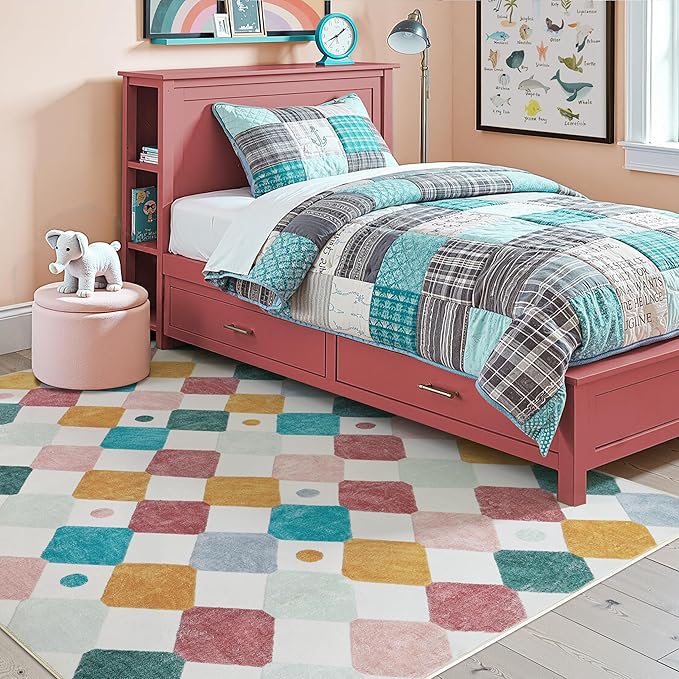 jinchan Macy Area Rug 5x7 Kids Washable Indoor Floor Cover Non-Slip Modern Soft Rug Elementary School Classroom Colorful Diamond Carpet for Nursery Playroom Daycare Living Room Confetti on Cream