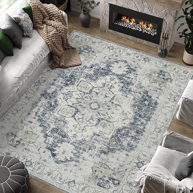 jinchan Kelda Area Rug 8x10 Washable Living Room Rug Vintage Soft Indoor Large Floor Cover Retro Distressed Mat Accent Lightweight Non-Slip Thin Carpet for Kitchen Bathroom Bedroom Grey