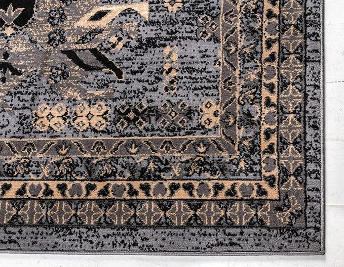 Unique Loom Taftan Collection Border Geometric Tribal Inspired Design Area Rug (9' 10 x 13' 0 Rectangular, Gray/ Black)