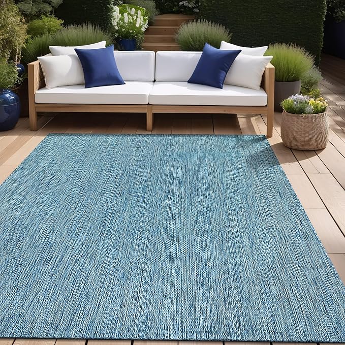 Beverly Rug Indoor Outdoor Rug 6x9, Washable Outside Carpet for Patio, Deck, Porch, Solid Modern Area Rug, Water Resistant, Aqua Blue