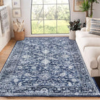 KILOCOCO Area Rug 4x6 Entryway Rug Washable Printed Vintage Floral Rubber Backed Non Slip Indoor Kitchen Rugs for Laundry Room Playroom Bedroom Living Room Moroccan Area Rugs, Navy Blue