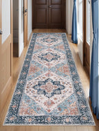 SERISSA Boho Washable Runner Rug, 2'6"x8' Non-Slip Vintage Blue Orange Hallway Kitchen Runner Rug Ultra Soft Print Distressed Tribal Floor Carpet for Bedroom Bathroom Laundry Room