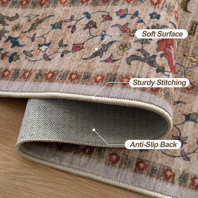 Tangsoo 2x6 Washable Runner Rug for Hallways, Non Slip Vintage Runner Rug, Soft Boho Low Pile Long Rug Runner, Carpet Runners for Kitchen Bedroom Entryway Bathroom Living Room Beige/Red