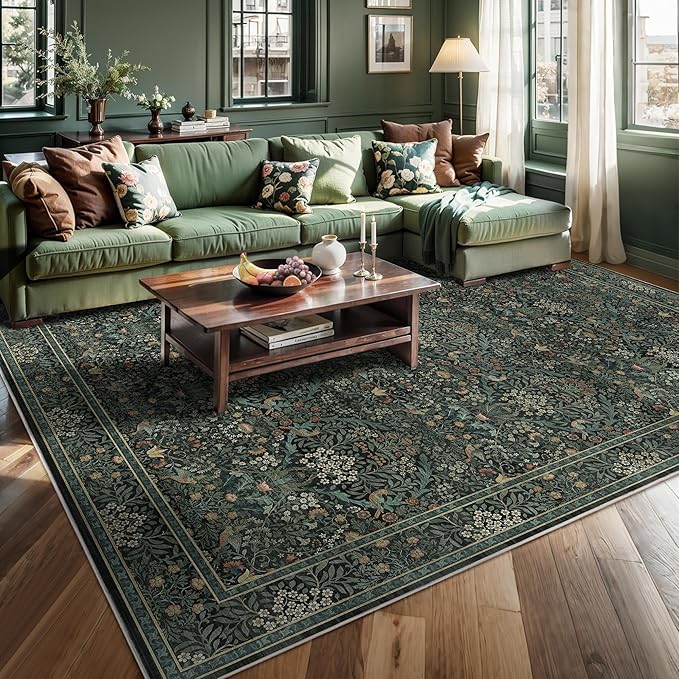 9x12 Floral Washable Area Rug for Living Room, Vintage Boho Large Rug for Bedroom Dining Room， Distressed Botanical Birds Non Slip Low Pile Forest Animal Throw Carpet for Farmhouse Office, Dark Green