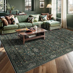 9x12 Floral Washable Area Rug for Living Room, Vintage Boho Large Rug for Bedroom Dining Room， Distressed Botanical Birds Non Slip Low Pile Forest Animal Throw Carpet for Farmhouse Office, Dark Green