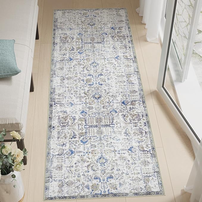 jinchan Kalen Runner Rug 2x7 Washable Area Rug Soft Vintage Hallway Indoor Floor Mat Thin Retro Distressed Carpet Blue Floral Country Non Slip Bathroom Kitchen Bedroom Living Room