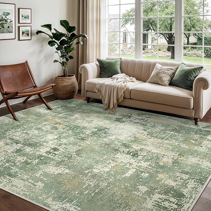 GENIMO 8x10 Area Rugs for Living Room, Machine Washable Rug Non Slip, Low Pile Ultra-Thin Lightweight Large Carpet, Abstract Modern Rugs for Bedroom, Dining Room, Office, Nursery, Olive Green