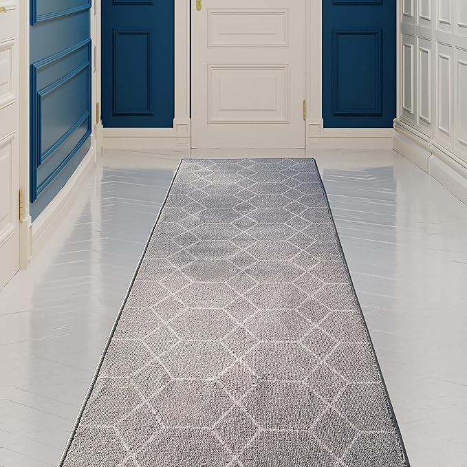 Custom Made Runner Rug for Kitchen Foyer Hallway Entry Choose Your Length Size 26 Inch Wide Geometric Lattice Design Grey Color (2 feet x 26 inch)