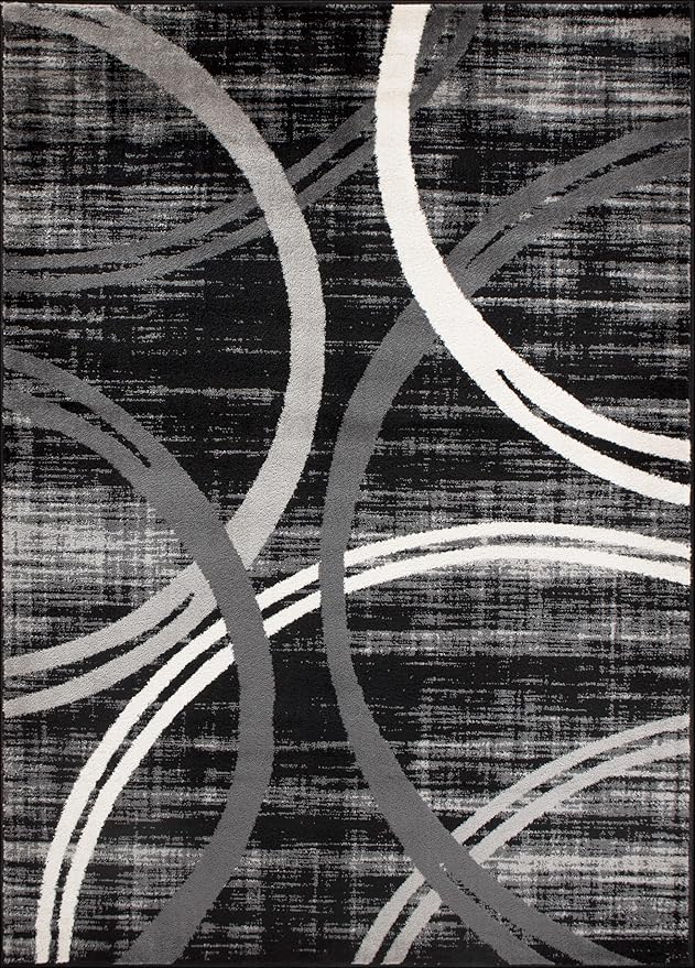 Rugshop Modern Wavy Circles Design Area Rug, Non-Shedding Carpet for Living Room, Large Bedroom, or Dining Room,Grand Room,Open Spaces Black, 8'8" x 12'