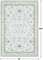 Cream Oushak 6x9 Bedroom Rug - Boho Floral Cool Blue and Green, Washable Low Pile Non-Slip Ultra-Thin Large Area Rugs for Bed Room, Living Room, Playroom