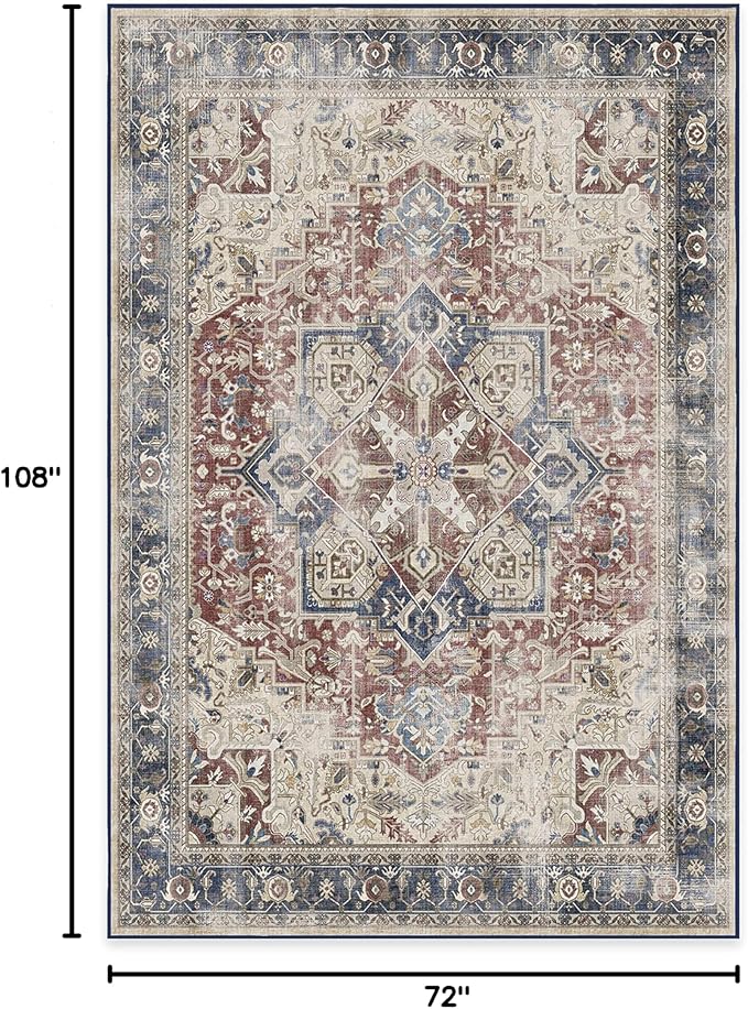 RUGGABLE Washable Vintage Area Rug – Kamran Royal Blue 6x9, Stain-Resistant, Non-Slip – Medium Machine Washable Rugs for Living Room, Bedroom, Hallway, Entryway & Office–with Standard Pad