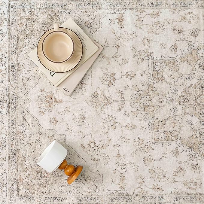 Beige Area Rug 10x12 Washable Living Room Carpet Vintage Non Slip Soft Bedroom Indoor Office Retro Low Pile Thin Oriental Medallion Large Rug for Dining Room Bathroom Playroom