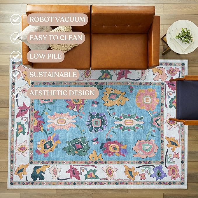 Fame Living Colorful Oushak Runner Rug, Modern Runners, Vintage, Turkish, Eclectic, Floral, Pastel, Washable, Long Runner Rugs for Hallway, Kitchen, Living Room, Bedroom, Kitchen, Bathroom, 2'5"x13'