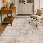 Distressed Farmhouse 5x7 Washable Rug for Living Room, Bedroom, Foyer, Under Dining Table, Neutral Abstract Medallion, Ultra Soft Faux Wool Non Slip Low Pile Stain Resistant, Beige & Brown