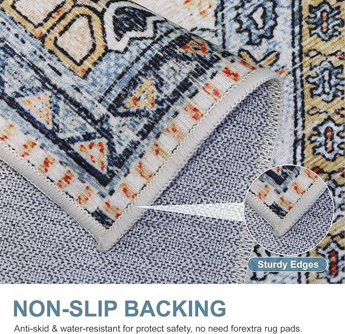 Bavni Kitchen Rug 2x5 Runner Rugs for Hallways Entryway, Washable Vintage Print Carpet, Ultra-Thin Chenille Low Pile Lightweight Rug with Non Slip Backing, Blue/Orange